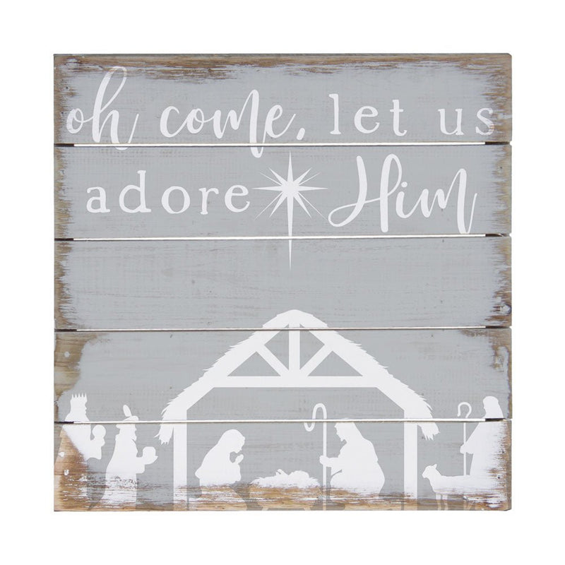 Rustic wall art featuring the phrase 'oh come, let us adore Him' with nativity scene silhouettes.