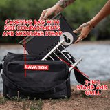 Bugout Bag with carrying bag, side compartments, shoulder strap, and 2-in-1 stand and grill for outdoor adventures.