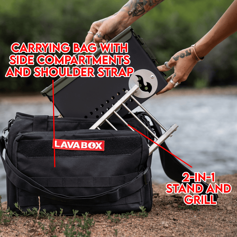 Bugout Bag with carrying bag, side compartments, shoulder strap, and 2-in-1 stand and grill for outdoor adventures.
