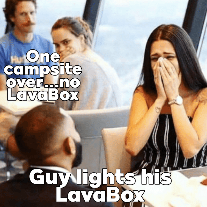Guy lights his LavaBox while others nearby don't have a LavaBox, showcasing camping fun.