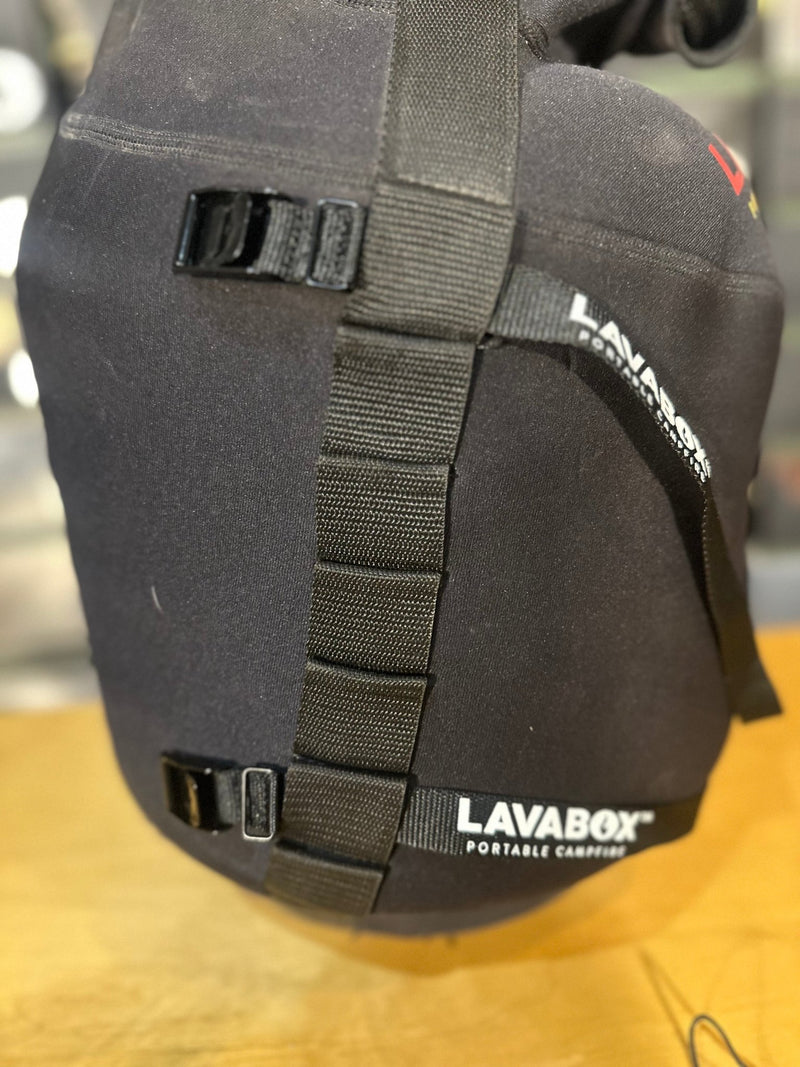 Burt's Tank Top: 10 Pound Propane Tank Insulator and Carrier shown in close-up, featuring durable straps and strong neoprene material.