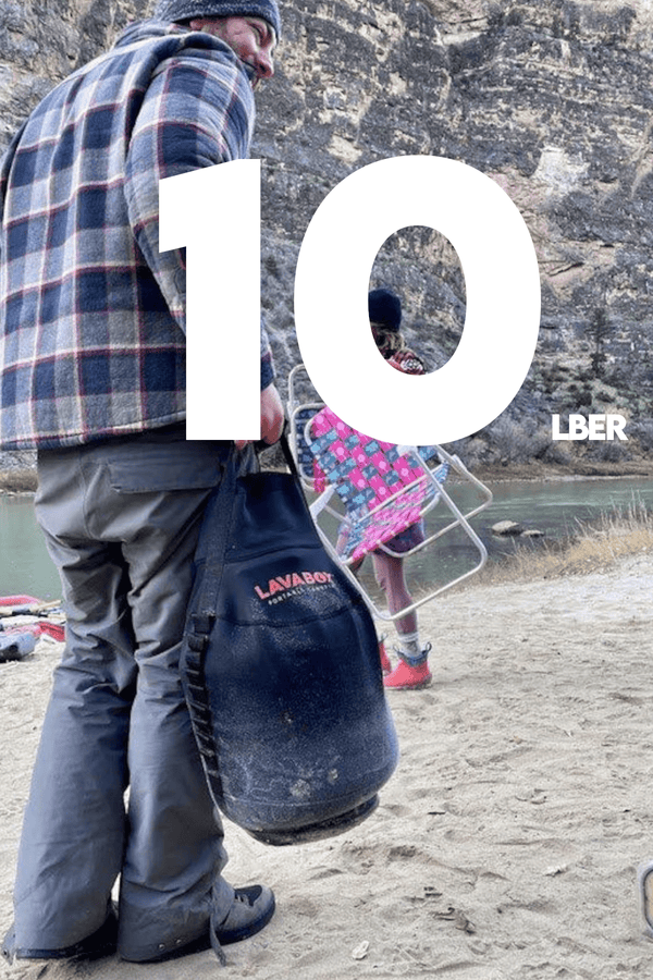 Burt's Tank Top: 10 Pound Propane Tank Insulator and Carrier being carried to a lake.