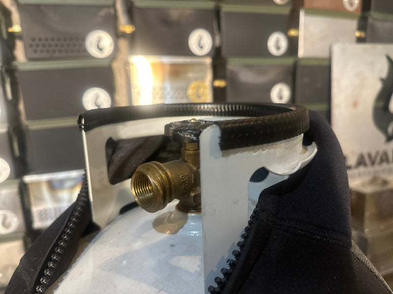 Burt's Tank Top: 20 Pound Propane Tank Insulator and Carrier showing close-up of propane tank valve and neoprene cover.