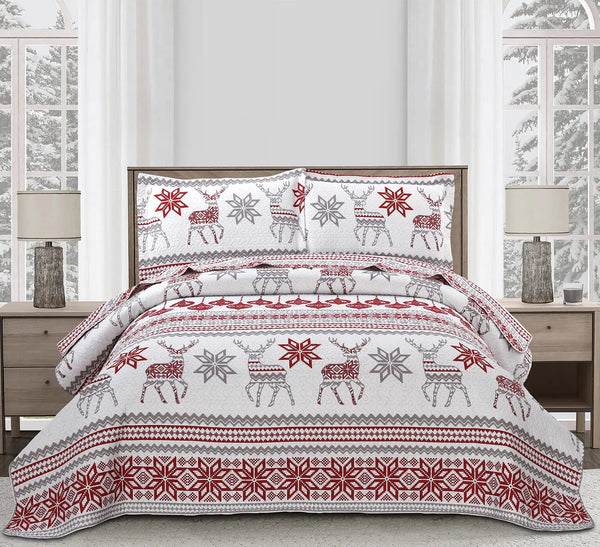 Christmas Quilt Set Queen Size Christmas Bedding Xmas Quilt Bedspread Coverlet Holiday Christmas Quilt Bedding Deer Snowflake Christmas Decor Quilt Soft Lightweight Christmas Quilt BeddingRed White - Your One Stop Shop