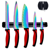 Kitchen Knife Set Kit | Red Handle & Black Magnetic Rack - Your One Stop Shop