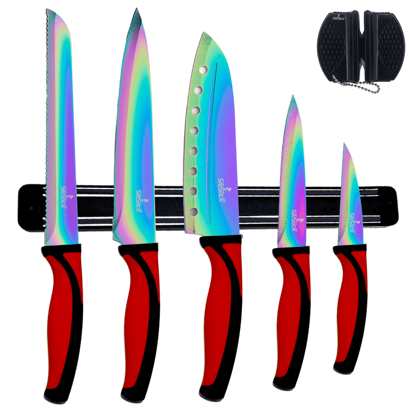 Kitchen Knife Set Kit | Red Handle & Black Magnetic Rack - Your One Stop Shop