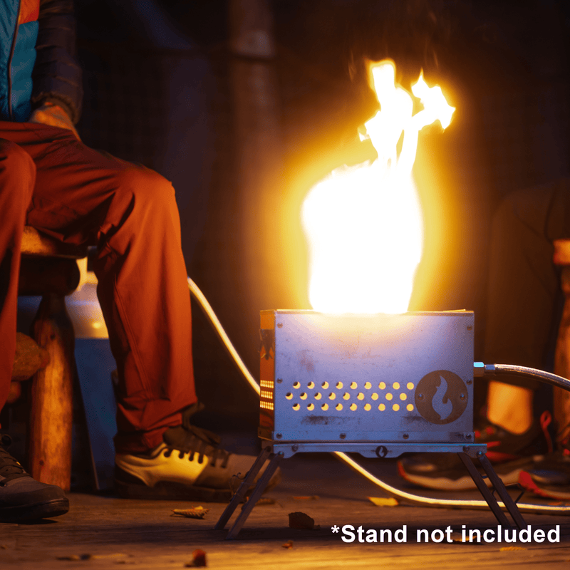 The Hekla: 304 Stainless Steel LavaBox with Dual-Burner in use with flames, showcasing design and functionality.