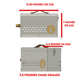The Hekla: 304 Stainless Steel LavaBox with Dual-Burner dimensions showing height and weight.